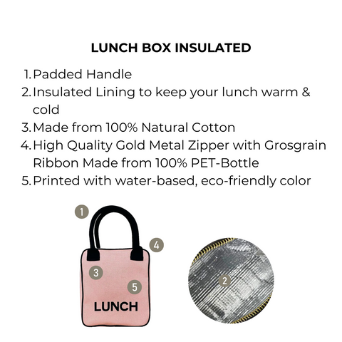 Bag-all pink insulated lunch box with padded handle, natural cotton exterior, thermal lining, and gold metal zipper. Stylish blush design with black accents, ideal for work or school meals.