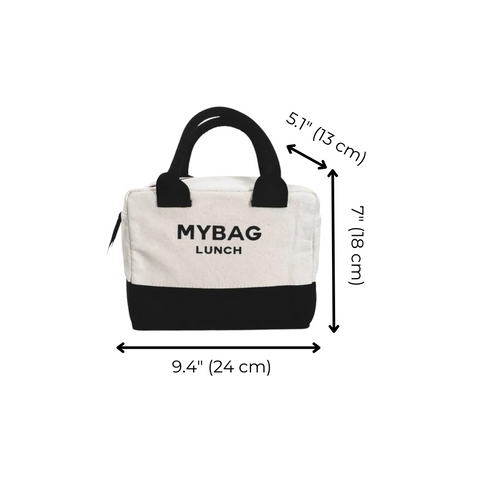 Bag-all Lunch Box Insulated in cream and black, featuring 'MYBAG LUNCH' text, measures 9.4x7x5 inches. Stylish insulated lunch carrier with black handles and contrast trim.