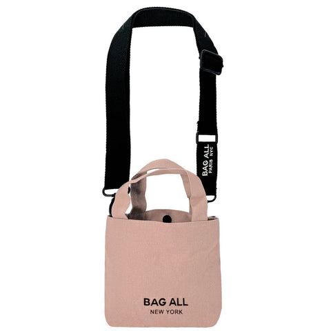 Bag-all Mini Tote Bag in pink blush cotton with adjustable black strap, interior pocket and brand logo, featuring convenient size for everyday essentials