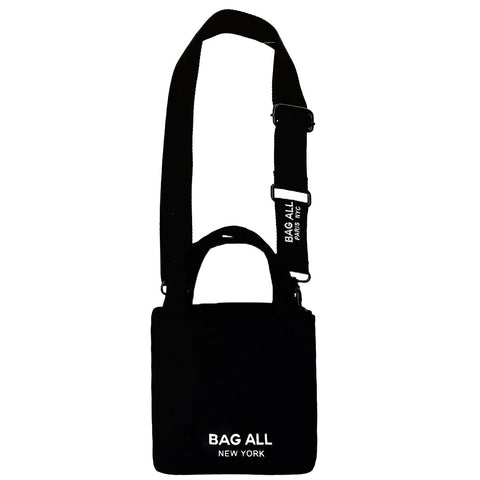 Bag-all Mini Tote Bag with Strap in black cotton featuring adjustable shoulder strap, interior pocket, and signature New York branding, perfect for everyday essentials