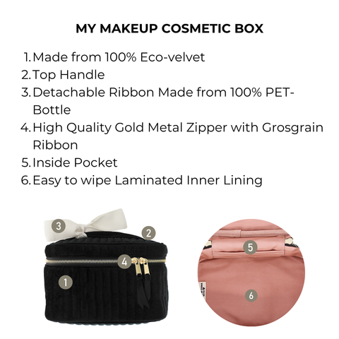 Black quilted velvet makeup cosmetic box with gold zipper, top handle, inside pocket, and laminated pink lining interior.