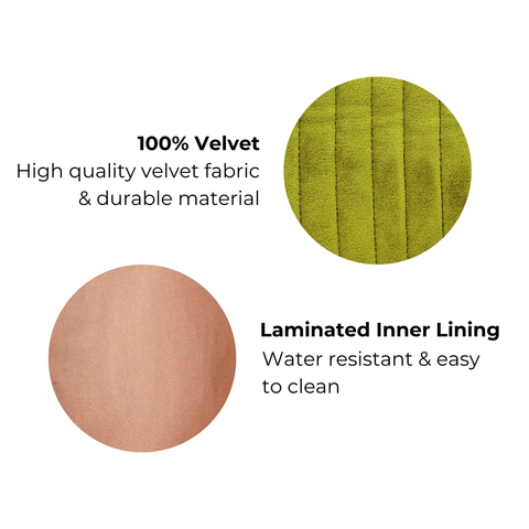 Bag-all My Makeup Cosmetic Box in luxurious green eco velvet with waterproof laminated interior, perfect for organizing beauty essentials. Features durable material and easy-clean surface.