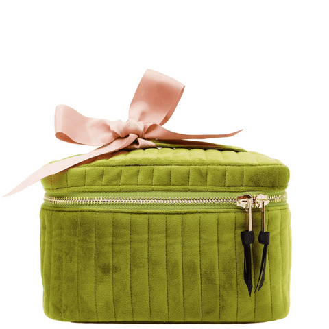 Bag-all My Makeup Cosmetic Box in luxurious green velvet with pink bow, featuring silver zipper and waterproof interior for beauty essentials storage
