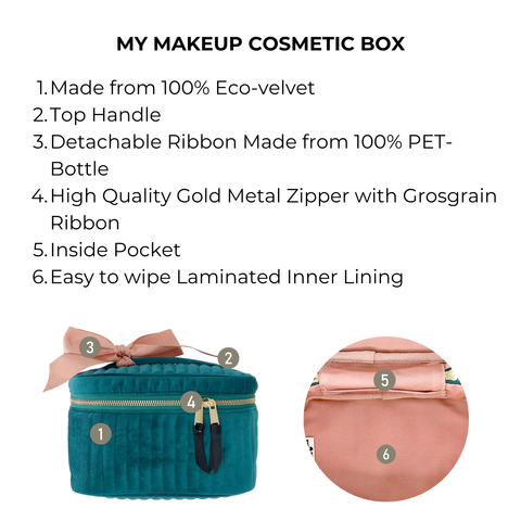 Teal quilted velvet cosmetic box with top handle, gold zipper, detachable ribbon, inside pocket, and wipeable lining.