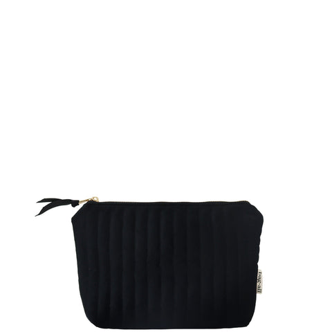 Black quilted velvet makeup pouch with coated lining and zipper, compact size for travel and daily essentials.