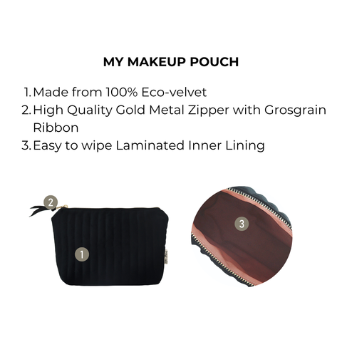 Black quilted eco-velvet makeup pouch with gold zipper and wipeable laminated inner lining for travel use