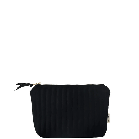 Compact black velvet quilted makeup pouch with coated lining and zipper, ideal for travel and personalized use.