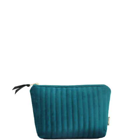 Quilted teal velvet makeup pouch with coated lining, compact size, zipper closure, and personalized design for travel use.