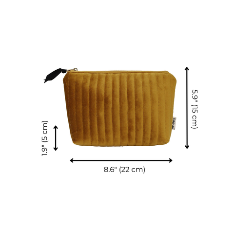 Quilted yellow velvet makeup pouch with coated lining, compact travel size 8.6 by 5.9 inches for essentials storage