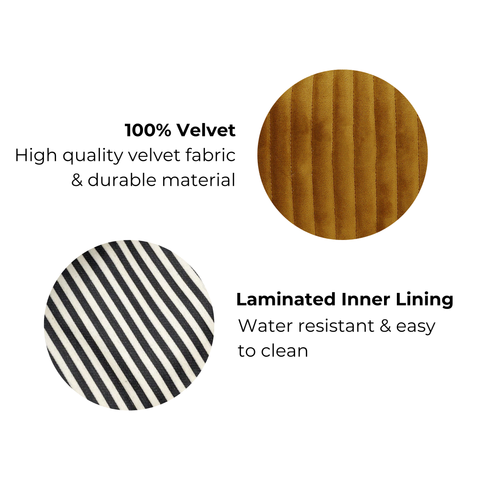 Close-up of yellow velvet fabric and striped laminated inner lining showcasing durable, water-resistant makeup pouch materials.