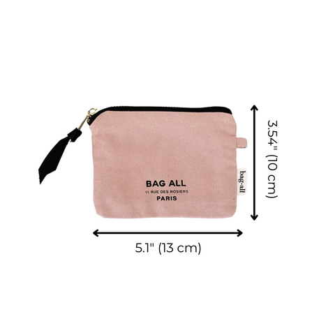 Bag-all Mini Trinket Pouch in pink cotton canvas with black zipper, featuring Paris logo print. Compact size 5.1x3.54 inches, perfect for storing small essentials and accessories.