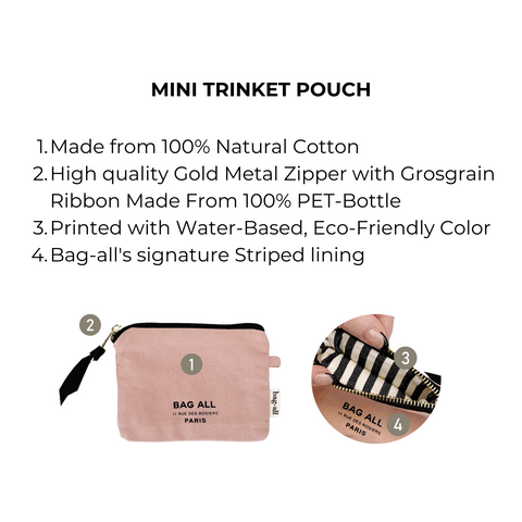 Bag-all Mini Trinket Pouch in pink cotton canvas with gold zipper, featuring striped lining. Perfect for AirPods, jewelry, and small essentials. Natural fabric with eco-friendly design.