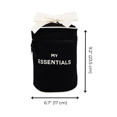 Bag-all Round My Essentials Case in black cotton with white bow, coated interior lining and size measurements 6.7" x 9.2". Perfect travel organizer for makeup and toiletries.