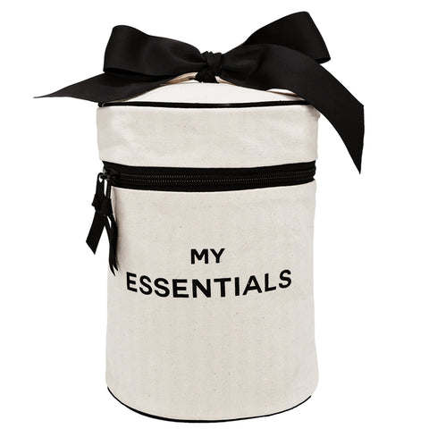 Bag-all Round Cream My Essentials Case with black bow and zipper - stylish cotton travel organizer for cosmetics and toiletries with waterproof lining