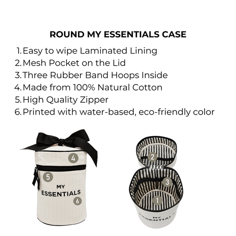 Bag-all Round My Essentials Case in cream with striped interior, featuring laminated lining, mesh pocket, rubber bands, and eco-friendly cotton construction for organized travel storage