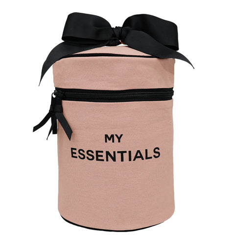 Bag-all Round Pink My Essentials Case with black bow, waterproof lined cotton travel organizer for makeup and cosmetics, featuring zipper closure and internal bands