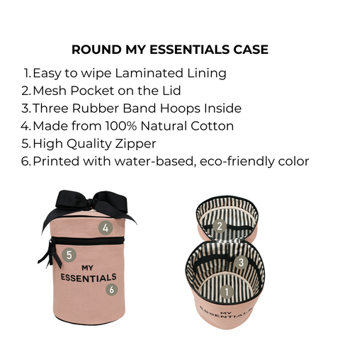 Bag-all Round My Essentials Case in pink/blush with striped interior, laminated lining, mesh pocket, and rubber bands. 100% cotton travel organizer for cosmetics and toiletries.
