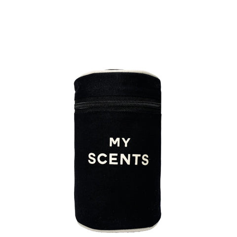 Bag-all Round My Scents Case in Black - Cylindrical travel organizer with protective lining for perfumes and fragrances, featuring secure rubber bands and zippered closure