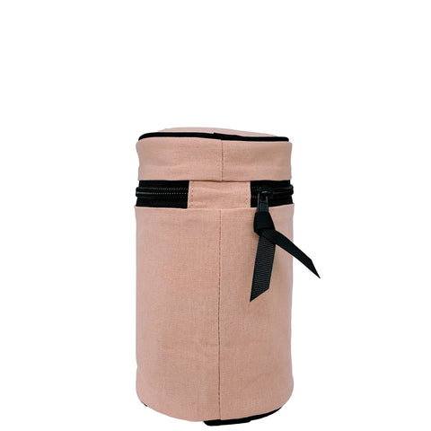 Bag-all Round My Scents Case in pink blush with black zipper, cylindrical travel organizer for perfumes and fragrances, eco-friendly fabric storage container