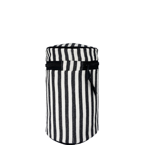 Bag-all Round My Scents Case with black and white vertical stripes, cylindrical travel organizer with protective lining and secure elastic bands
