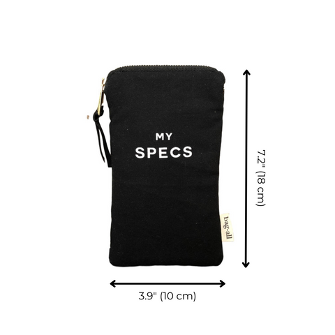 Bag-all My Specs Glasses Case with Outside Pocket in black cotton canvas, featuring white text, zipper closure, and measurements 7.2" x 3.9" (18 x 10 cm)