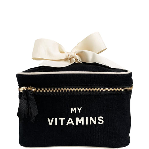 Bag-all Black Vitamins Storage and Travel Box with cream bow, featuring MY VITAMINS text, waterproof lined canvas case with gold zipper detail