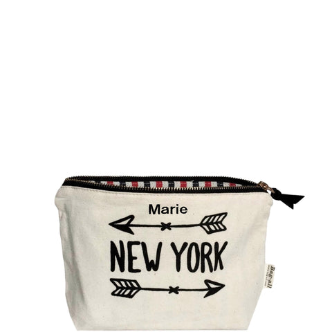 Bag-all New York Arrow Pouch in cream cotton with personalized name, black arrow design, striped lining and metal zipper - stylish travel organizer pouch