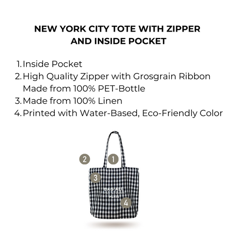 Bag-all New York City Tote in black and white gingham linen featuring secure zipper closure, interior pocket, eco-friendly construction, perfect for daily urban adventures