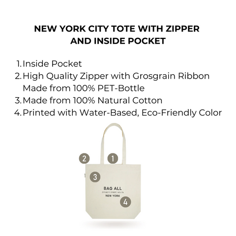 Bag-all New York City Tote with Zipper and Inside Pocket in cream, featuring natural cotton construction, secure zipper closure, and convenient interior storage, ideal for everyday use