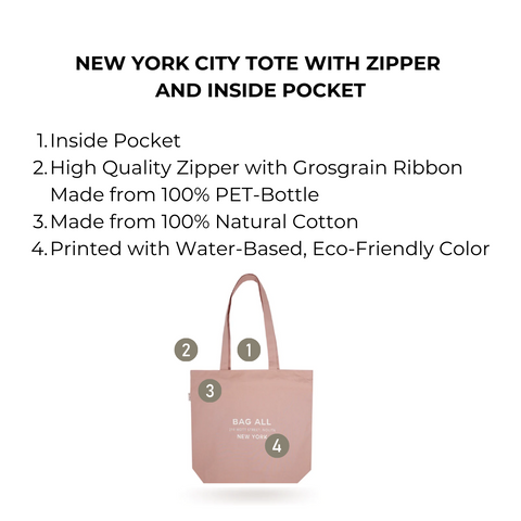 Bag-all New York City Tote with Zipper and Inside Pocket in Pink - Eco-friendly cotton tote featuring inside storage, high-quality zipper closure, and sustainable construction