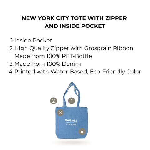 Bag-all New York City denim tote features zipper closure, inside pocket, eco-friendly construction. Blue tote bag made from 100% denim with practical design for daily use.