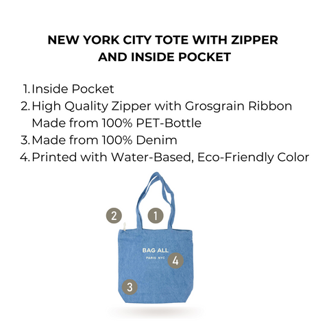 Denim New York City tote bag with zipper, inside pocket, eco-friendly print, and grosgrain ribbon handles made from recycled PET bottles.