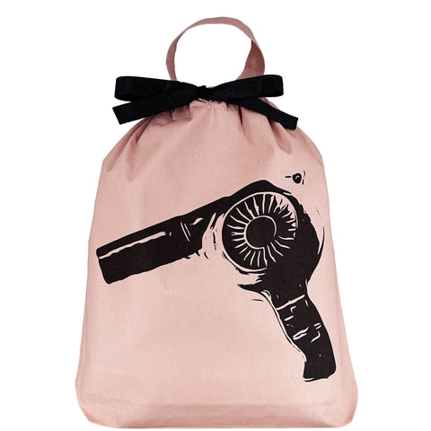 Bag-all Pink Hair Dryer Travel Bag featuring black hairdryer illustration, black bow accent, and carrying handle. Stylish storage solution in blush cotton canvas.