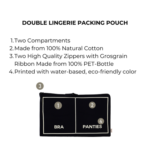 Black double underwear organizer pouch made of 100% natural cotton with two compartments and dual zippers