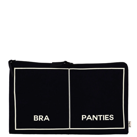 Black double underwear organizer pouch with separate labeled compartments for bra and panties made from natural cotton