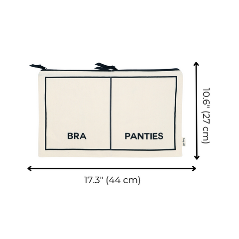 Cream double underwear organizer pouch with separate compartments labeled bra and panties, measuring 17.3 by 10.6 inches.