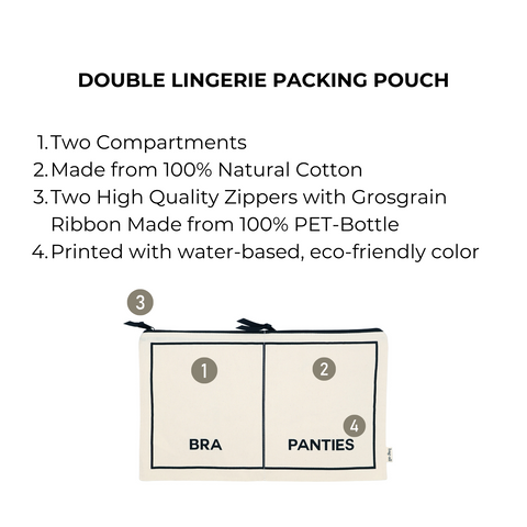 Cream double underwear organizer pouch with two compartments labeled bra and panties, made from natural cotton.