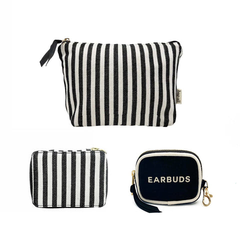 Bag-all Handbag Organizer Trio featuring black and white striped cotton makeup pouch, trinket box, and black earbud case with gold hardware - stylish travel essentials set for organized storage