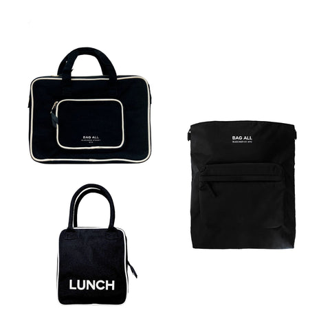 Bag-all Office Essentials Packing Set 3-Pack: black cotton backpack, laptop case with white trim, and compact lunch bag - perfect for organizing work essentials in style