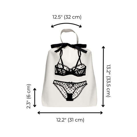 Bag-all Polkadot Lingerie Travel Bag in cream color with black lingerie illustration, featuring dimensions 32cm x 31cm x 6cm, perfect for organizing delicates and travel storage