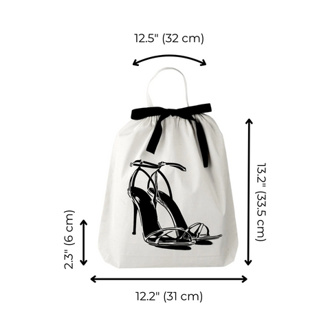 Bag-all High Heel Sandal Shoe Bag in cream cotton featuring elegant stiletto design, black ribbon tie, dimensions 13.2x12.2 inches, perfect for travel and storage