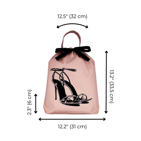 Bag-all High Heel Sandal Shoe Bag in pink cotton with black bow and stiletto heel illustration, featuring measurements 13.2 x 12.2 inches, perfect for shoe storage and travel organization