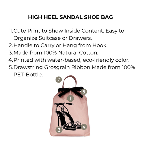 Bag-all High Heel Sandal Shoe Bag in pink with black shoe illustration, brown handle, black bow closure. Eco-friendly cotton storage bag with drawstring for travel organization and protection.