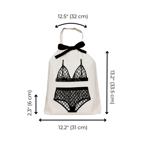 Bag-all London Lingerie Travel Bag in cream cotton featuring black lingerie illustration and bow, perfect for organizing delicate underwear while traveling - 32x31cm