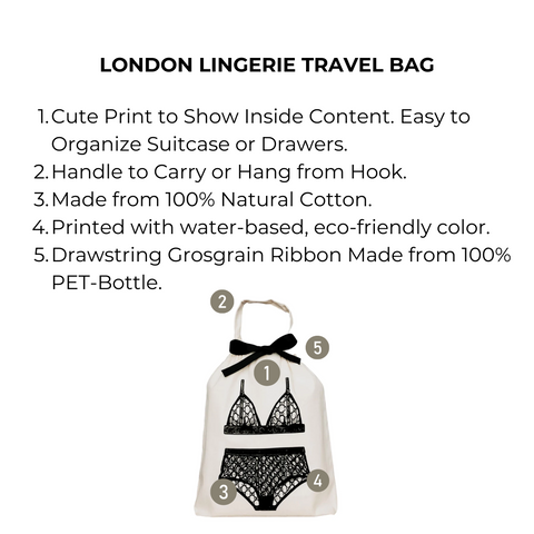 Bag-all London Lingerie Travel Bag in cream cotton with black lingerie print, eco-friendly drawstring design for organized travel and storage