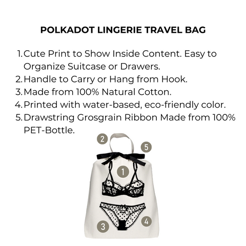 Bag-all Polkadot Lingerie Travel Bag in cream with illustrated lingerie print, cotton fabric, eco-friendly design, featuring drawstring closure and hanging hook for organized travel storage