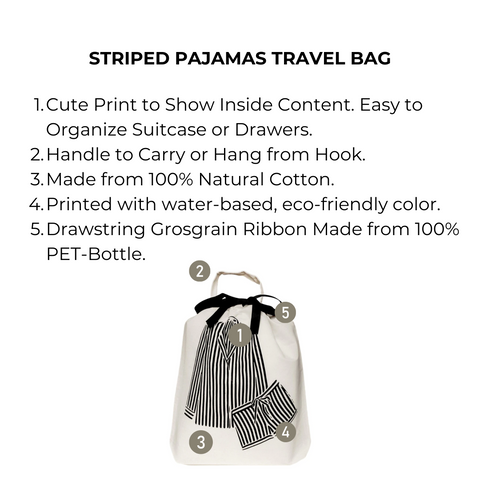 Bag-all Striped Pajamas Travel Bag in cream cotton with black vertical stripes pattern, featuring a black ribbon drawstring closure and matching mini pajama illustration