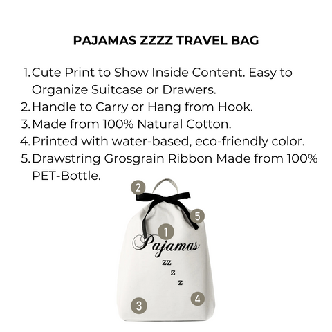 Bag-all Pajamas Zzzz Travel Bag in cream cotton with black ribbon handle and text print. Eco-friendly drawstring organizer for travel and storage, featuring hanging hook and sustainable materials.