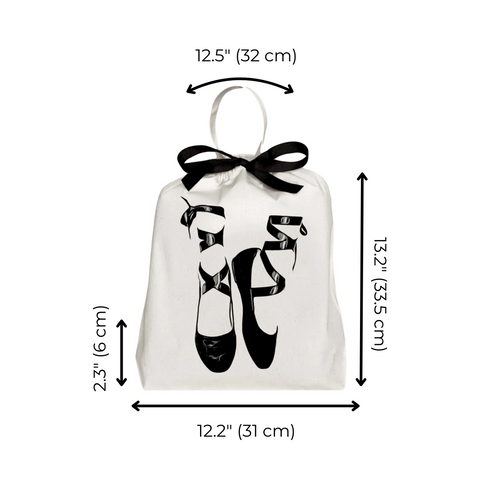 Bag-all Pointe Ballerina Shoe Bag in cream cotton featuring black ballet shoe design, black bow tie closure, and hanging loop. Perfect storage for dance shoes or flats. Dimensions: 13.2x12.2 inches.
