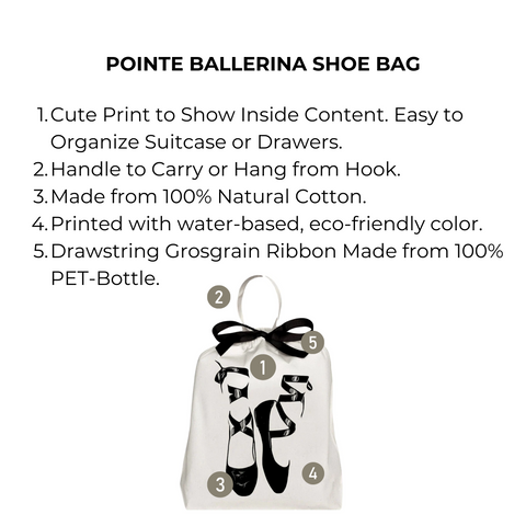 Bag-all cream cotton Pointe Ballerina Shoe Bag featuring black ballet shoe print, eco-friendly drawstring closure and hanging handle for organized dance gear storage